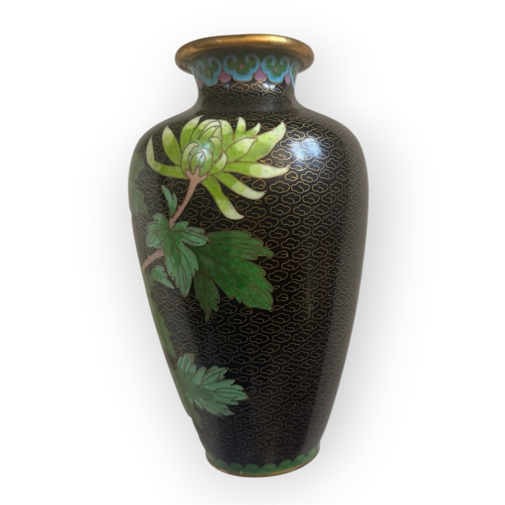 Vintage Cloisonné Floral Vase with Pink Chrysanthemum and Green Leaves - Picture 2 of 7
